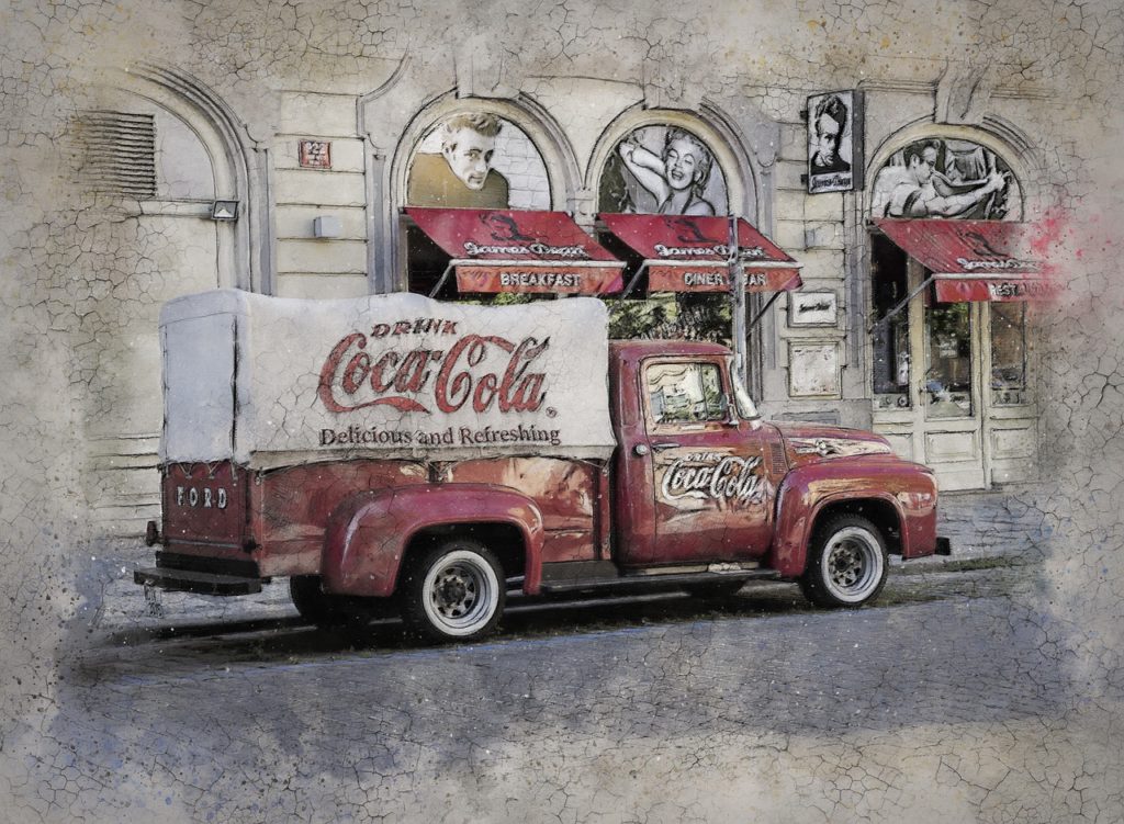 Une illustration représentant un ancien camion de livraison de Coca-Cola