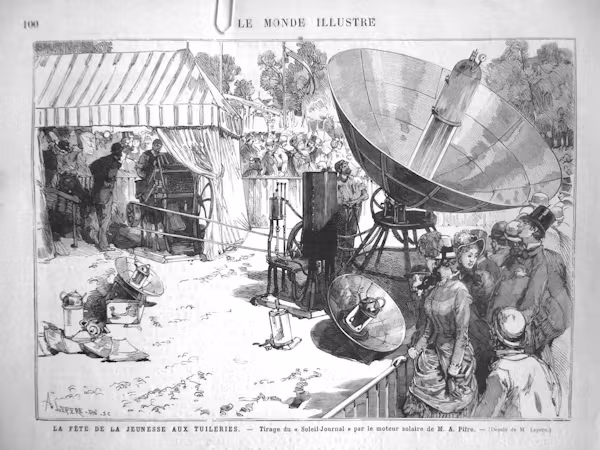 Gravure décrivant l’impression d’un journal grâce au moteur solaire en 1882.